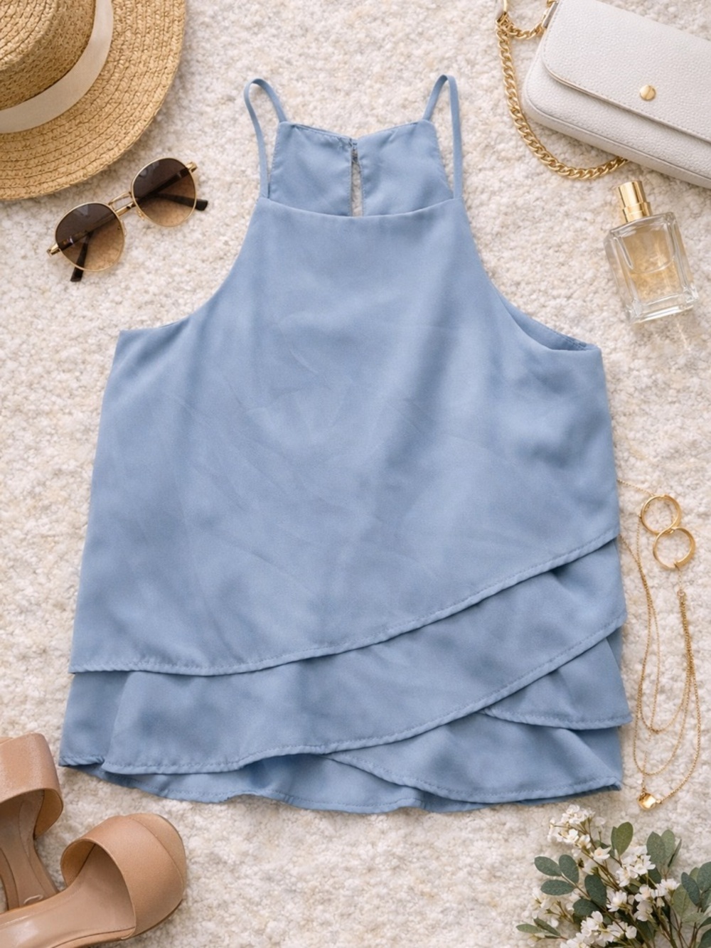 Alya Blue Flowy Layered Tank Top Small Y2K Boho Beachy